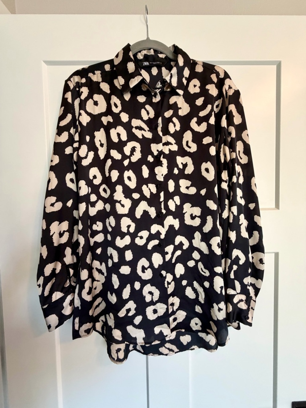 ZARA Black and Cream Leopard Print Button-Down Shirt